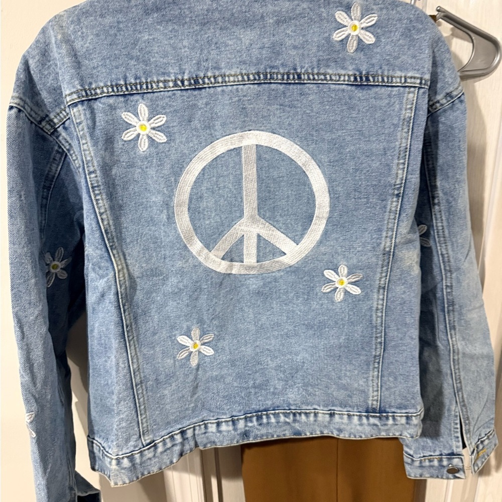 New nwt Miss sparkling denim jean jacket embroidered peace sz S L XL - Picture 4 of 5